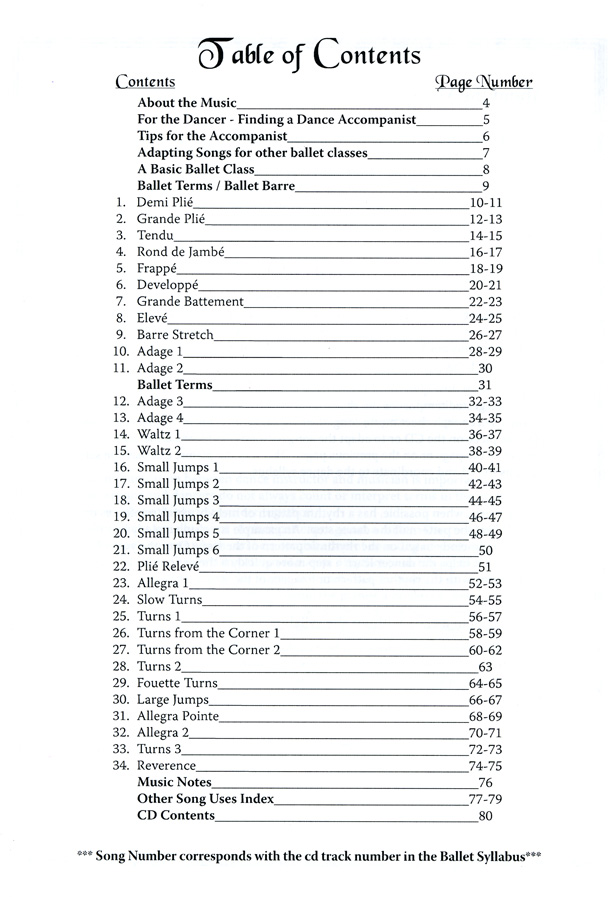 Piano Music for Ballet Class Vol 4 - contents page