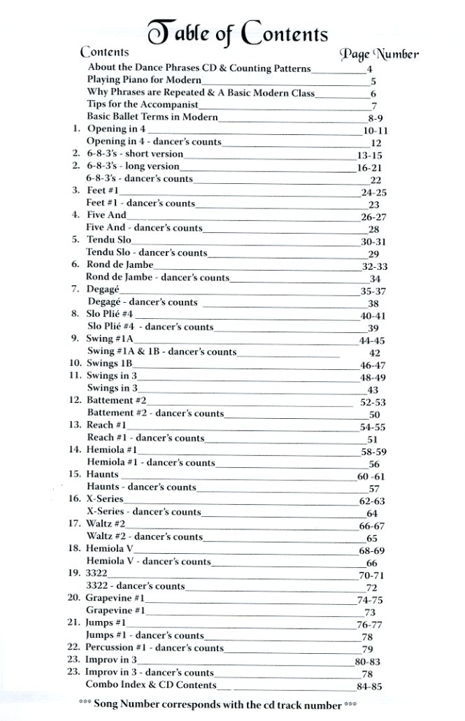 Piano Music for Modern Dance Class Vol 1 - contents page